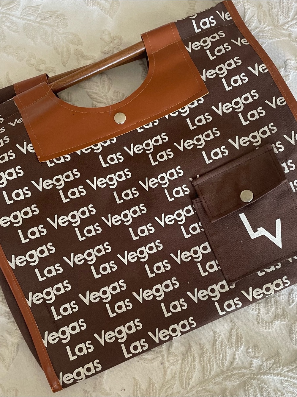 Vintage Brown 'Las Vegas' All-OverPrint Tote Bag with Tan Trim & Wooden Handles